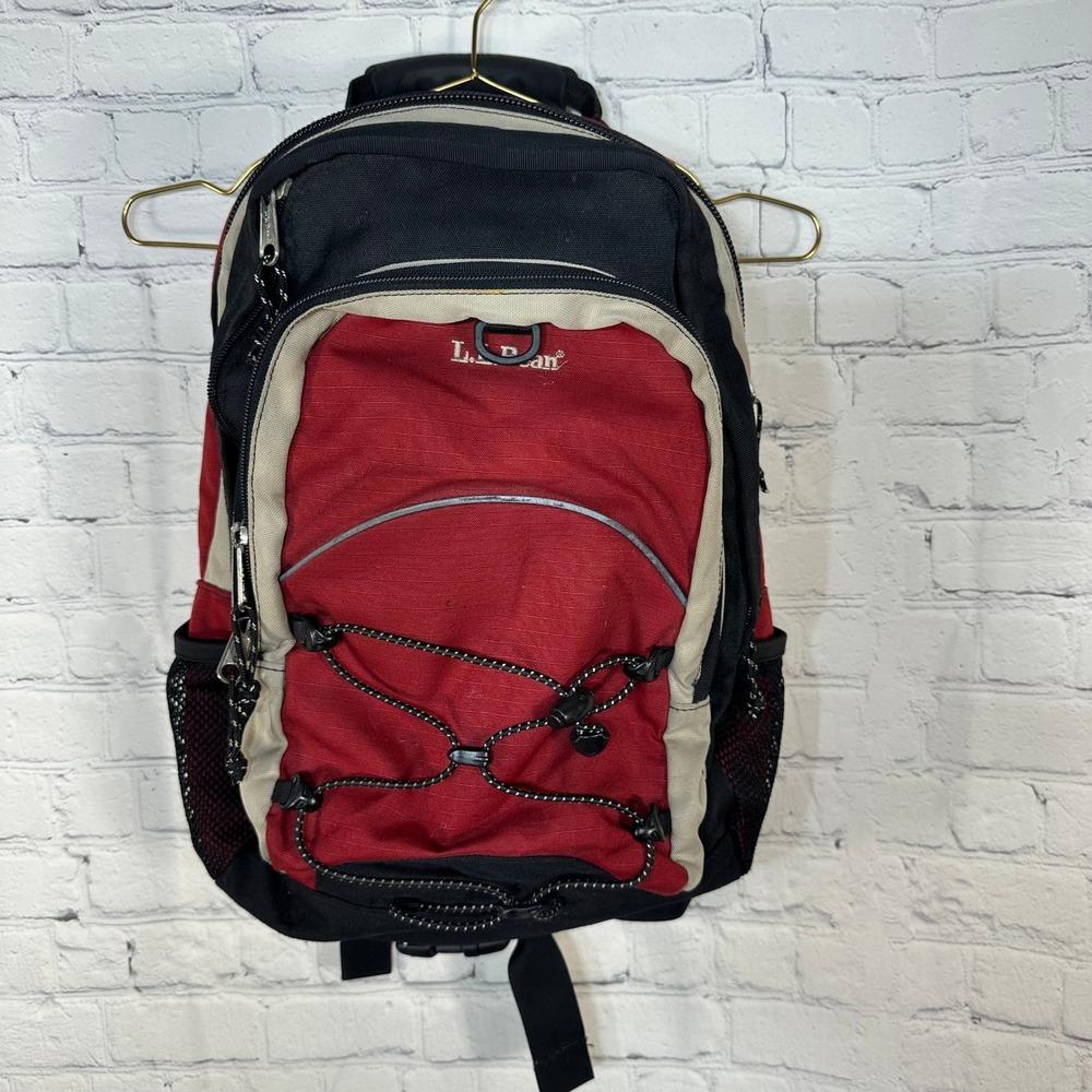 LL Bean Backpack Red Black Hiking School Bag Bungee Cord Reflective Straps